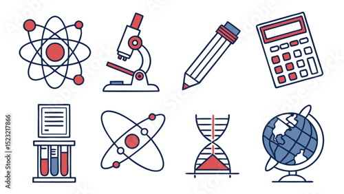 Detailed Vector Icons for STEM Education with Planet Robot and Bright Color Scheme  