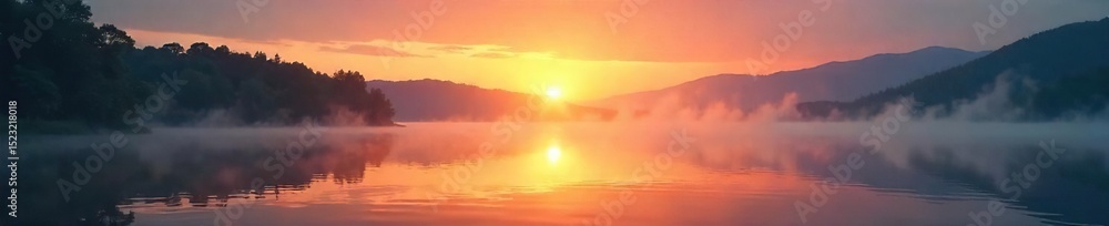 Obraz premium Serene sunrise over a tranquil lake, mist rising, conveying peace and spiritual awakening Perfect for meditation, yoga, or mindfulness themes , relaxation, tranquility