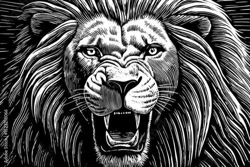 black and white sketch vector of a roaring lion head with intricate mane and piercing eyes