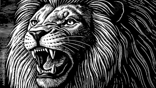 black and white sketch vector of a roaring lion head with intricate mane and piercing eyes