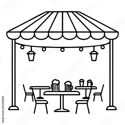 Outdoor gazebo with tables and chairs, minimalistic design for dining and social gatherings
