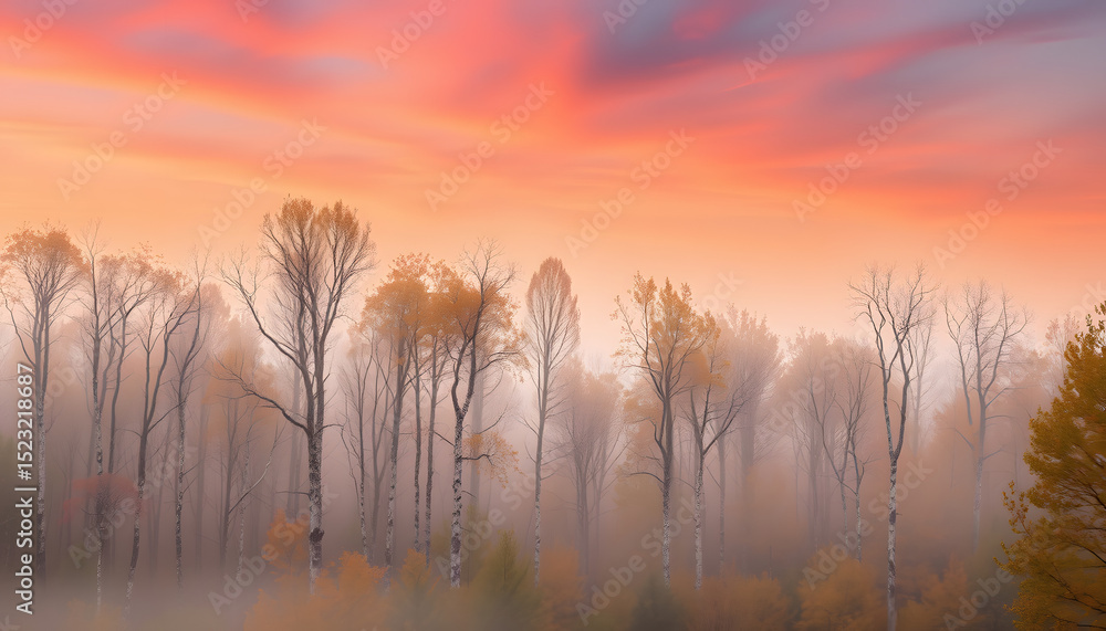 Fototapeta premium Majestic Autumn Foggy Birch Forest Scenic Wallpaper, silhouette. White tone