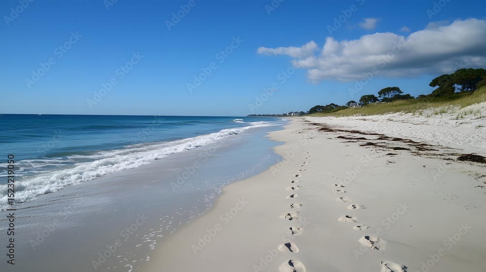 Obraz premium A scenic beach view with footprints in the sand leading toward the horizon