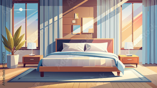 A modern bedroom with soft neutral tones features a minimalist bed with white linens, a wooden headboard, and sunlight streaming through sheer curtains. Calm, comfort, simplicity, and elegance define 