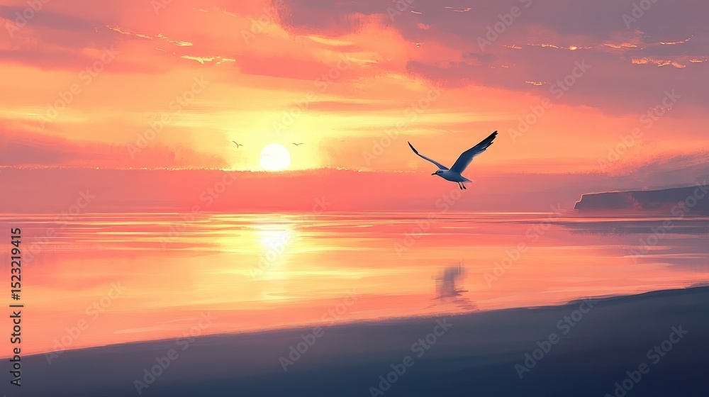 Naklejka premium A seagull soars over a tranquil sea at sunset, painting the horizon with beautiful hues of orange and pink.