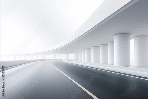 Futuristic Urban Highway Curve. Experience the Minimalist Architecture and Modern Design with Clean Lines and Elevated Asphalt in a Misty Cityscape Environment