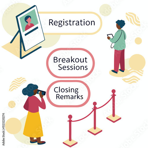 Conference event isometric illustration of attendees at sessions