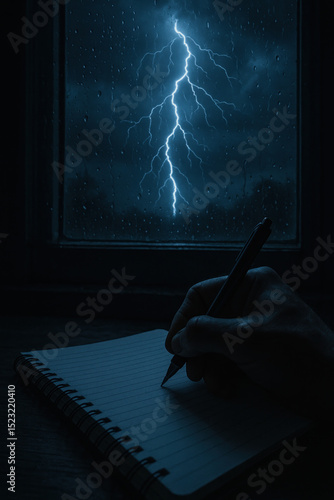 Person writing on a notebook with lightning in background.
