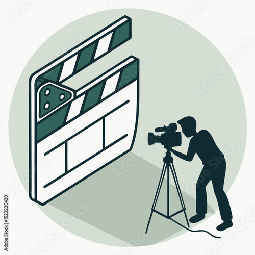Filmmaker with camera and clapperboard isometric illustration