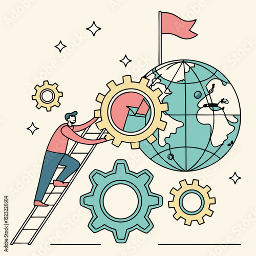 Person turning gear on globe teamwork progress global concept
