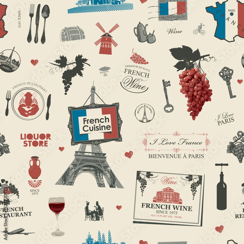 Hand drawn seamless pattern on the theme of French cuisine and Paris with food, wine, architectural landmarks, map and flag. Postcard. Wallpaper, wrapping paper. No AI used