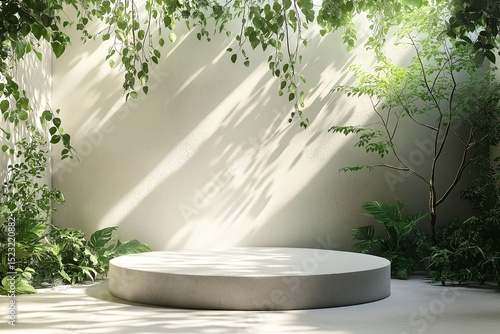 Modern Indoor Podium Stage with Dappled Lighting and Greenery for Minimalist Design Showcase