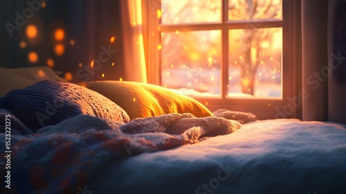 A soft blanket and a pillow on a cozy bed with a warm glow coming through the window