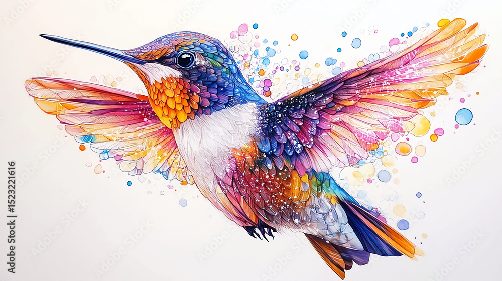 Obraz premium Watercolor hummingbird painting colorful bird art illustration avian drawing animal design nature artwork image