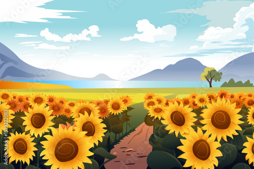 A vibrant illustration of a sunflower field under a bright sky with mountains and a calm lake in the background. A perfect representation of nature's beauty.