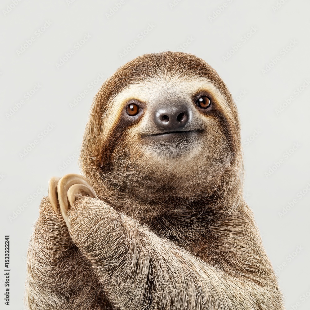 Fototapeta premium sloth holding one paw in front like signaling stop soft lighting clear white background