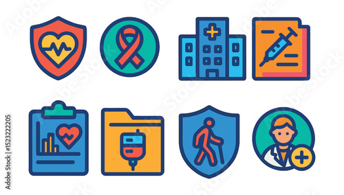 Flat vector icons of medical emergency add-ons: critical illness coverage badge, cancer plan icon, hospital stay benefit, surgery coverage file, ICU protection chart, long-term treatment folder,