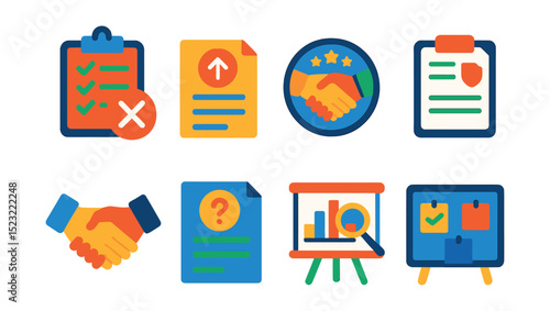 Flat vector icons of claim dispute and resolution: rejected claim icon, claim appeal document, dispute resolution badge, policy re-evaluation file, mediation handshake icon, clarification request