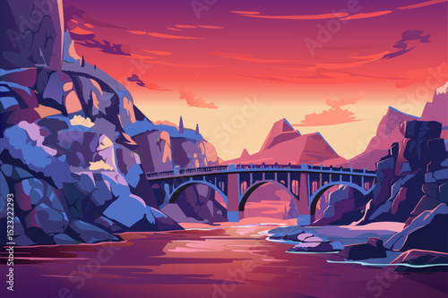 A stunning illustration of a scenic bridge at sunset, surrounded by mountains and a river, showcasing calming hues of purple and orange.