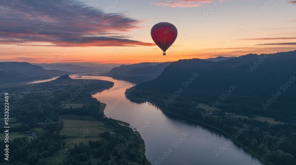 Aerial view of a hot air balloon over a river valley at sunrise Aerial view of a hot air balloon over a river valley at sunrise
