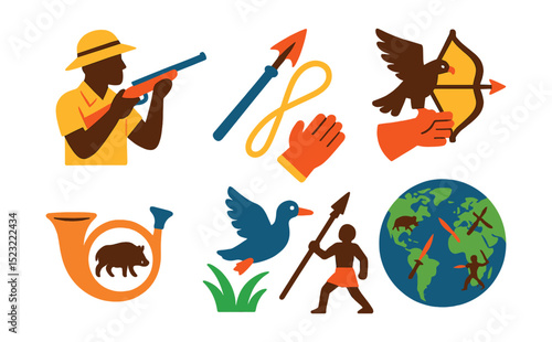 Flat vector icons of global hunting cultures: African safari hunter icon, traditional Inuit harpoon, Mongolian eagle hunting glove, tribal bow hunting badge, European boar hunt horn, Argentinian duck