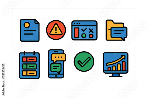 Flat vector icons of customer support workflow: support ticket icon, issue escalation badge, helpdesk dashboard, reply thread folder, FAQ management board, chat support screen, resolved issue stamp,