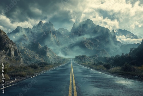 Dramatic Mountain Road Scenery. A Misty Adventure Through Nature's Pathway