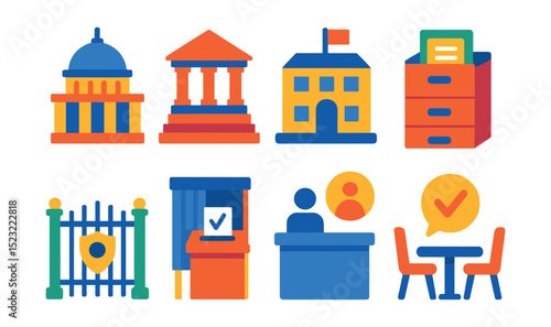 Flat vector icons of political and administrative infrastructure: parliament building icon, courthouse steps, regional government office, public record archive, diplomatic embassy gate, voting