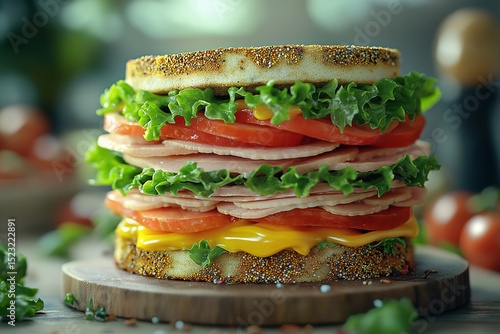 Delicious Layered Sandwich with Fresh Vegetables and Savory Meats A Colorful and Healthy Meal on Wooden Board with Bokeh Background