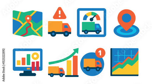 Flat vector icons of real-time logistics data: live tracking map, shipment alert notification, delivery ETA dashboard, GPS ping icon, digital logistics KPIs, performance chart with trucks, dispatch