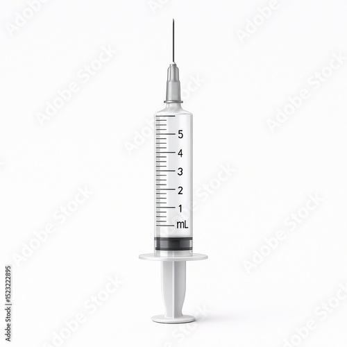 Medical syringe with needle and measurement marks on white background