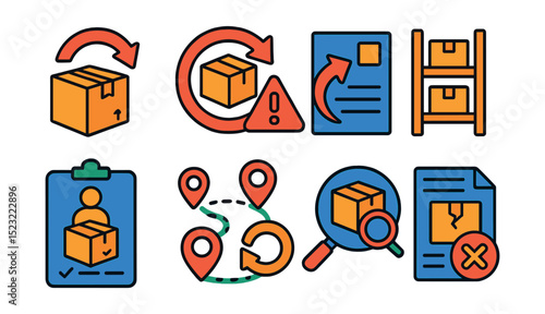 Flat vector icons of reverse logistics and returns: returned package icon, product recall symbol, return label slip, restocking shelf, customer return form, reverse logistics route, inspection dock