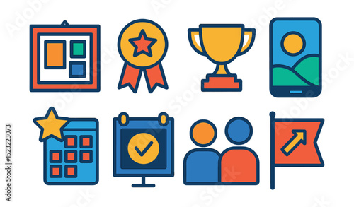 Flat vector icons of motivational triggers for productivity: vision board frame, reward badge icon, milestone trophy, motivational wallpaper screen, streak tracker star, public commitment board,