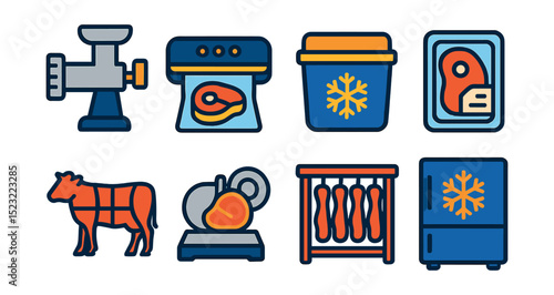 Flat vector icons of game processing and storage: meat grinder icon, vacuum sealer, freezer box, labeled meat package, butcher chart, meat slicer, jerky rack, cold storage unit.