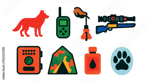 Flat vector icons of predator hunting gear: coyote silhouette, predator call remote, motion decoy device, thermal scope rifle, night cam trap, hide blind icon, scent lure bottle, predator track on
