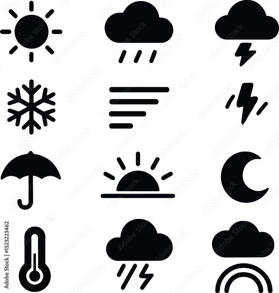 weather icon pack. black minimal symbols for sun, cloud, thunder, rain, snow, fog, temperature, moon and umbrella. weather icon pack. black minimal symbols for sun, cloud, thunder, rain, snow, fog, temperature, moon and umbrella.