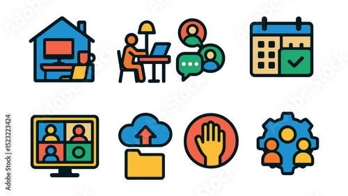 Flat vector icons of remote and hybrid work: home office setup, coworking space icon, remote team chat, hybrid work schedule, virtual meeting icon, remote file access cloud, digital hand raise icon,