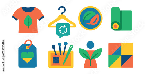 Flat vector icons of sustainable fashion: organic cotton shirt icon, secondhand clothes hanger, slow fashion badge, eco-dye fabric roll, ethical brand label, garment repair kit, fair trade fashion