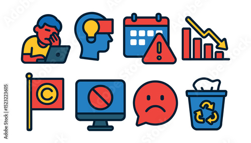 Flat vector icons of content creation challenges: content burnout icon, idea block symbol, missed deadline alert, low reach graph, copyright flag icon, tech error screen, negative comment bubble,