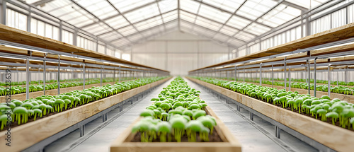 Interior View Of Modern Greenhouse With Rows Of Growing Plants