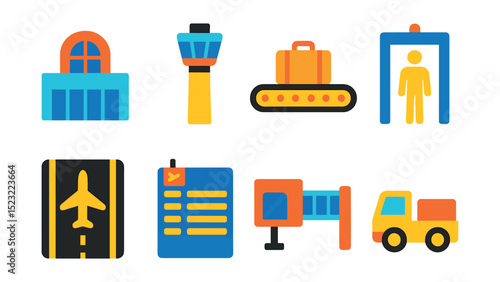 Flat vector icons of airport infrastructure: terminal building icon, control tower, baggage claim area, security checkpoint gate, airplane runway, departure board screen, jet bridge tunnel, ground