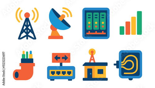 Flat vector icons of telecommunication networks: 5G antenna tower, satellite uplink dish, underground cable duct, communication hub room, mobile signal icon, data switch board, telecom relay station,