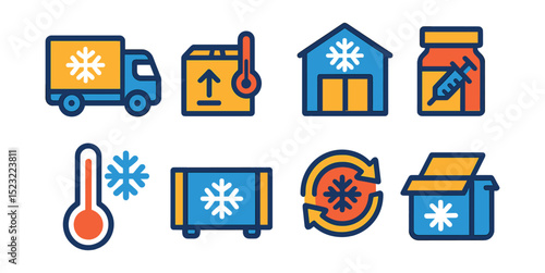 Flat vector icons of cold chain logistics: refrigerated truck icon, temperature-sensitive package, cold storage warehouse, vaccine logistics box, thermometer with snowflake, freezer container unit,