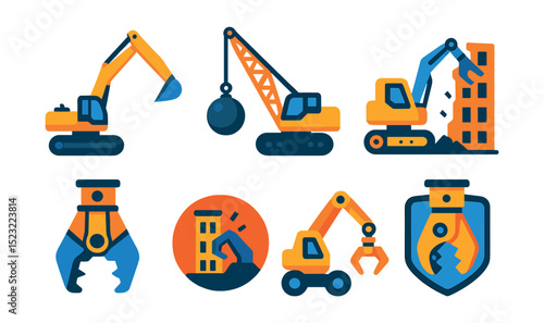 Flat vector icons of demolition machines: high-reach excavator, wrecking ball crane, hydraulic shears attachment, demolition robot unit, building crusher icon, concrete pulverizer badge, site debris