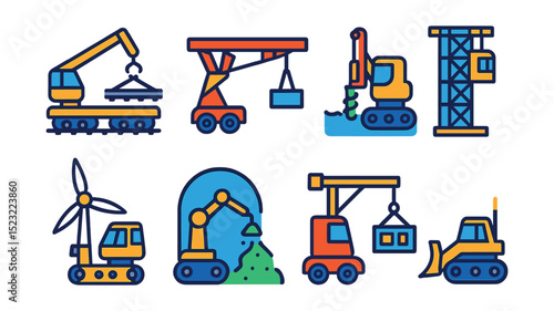 Flat vector icons of specialized construction machines: railway track-laying unit, bridge launching gantry, underwater piling machine, high-rise scaffold lift, wind turbine crane, tunnel spray robot,