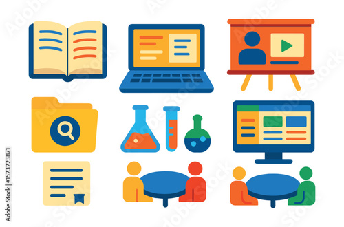 Flat vector icons of university learning tools: open textbook icon, laptop with notes, lecture video screen, online course platform, academic research folder, lab equipment set, thesis paper symbol,