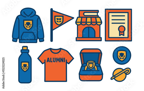 Flat vector icons of university branding and merchandise: university logo hoodie, college pennant flag, campus bookstore icon, diploma frame product, branded water bottle, alumni T-shirt, graduation
