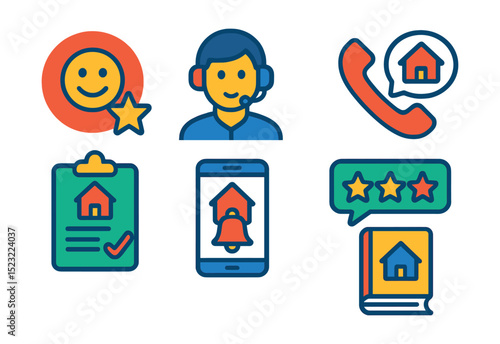 Flat vector icons of real estate customer support: client satisfaction badge, agent support headset, follow-up call icon, inquiry form clipboard, appointment reminder screen, review request message,