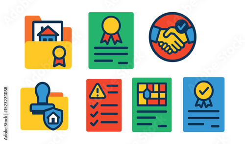 Flat vector icons of real estate customer support: client satisfaction badge, agent support headset, follow-up call icon, inquiry form clipboard, appointment reminder screen, review request message,