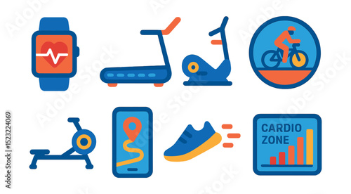 Flat vector icons of endurance and cardio training: heart rate monitor icon, treadmill dash line, stair climber machine, cycling training badge, rowing machine icon, pace tracker app, running shoe